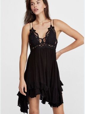 Black Lace-Trim Mini Dress - Strappy V-Neck